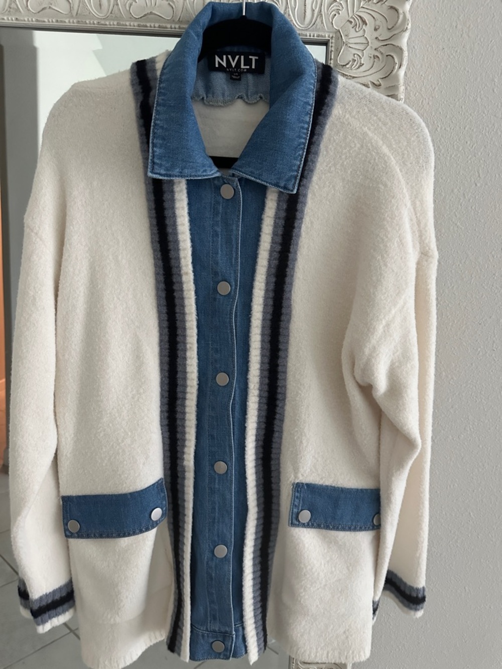 NVLT Cream Cardigan with Blue Denim-Style Front